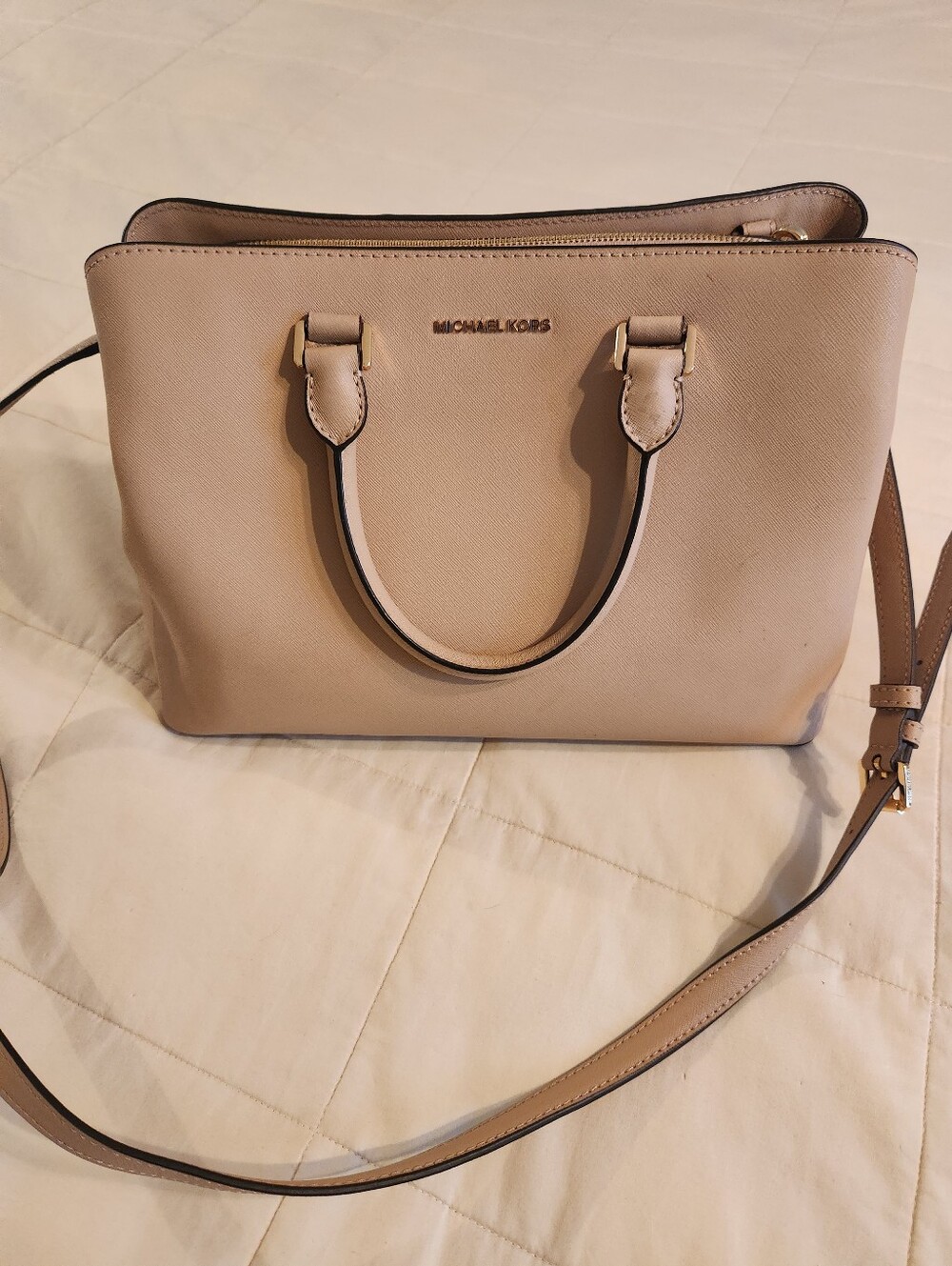 Michael Kors Handbag, Savannah Satchel, Tan Cream Saffiano Leather Purse GUC